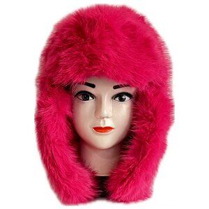 Women Winter Warm Fluffy Faux Fur Hat Earflap Russian Furry Trapper Hat-Fuchsi